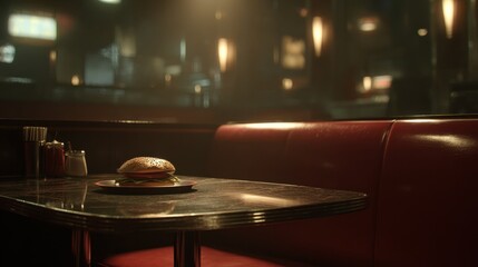 Obraz premium Burgers on a table in a dimly lit diner during evening hours with red seating and soft lighting