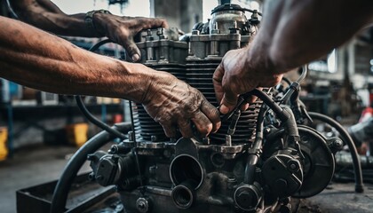Dirty muscular mechanic hands carefully repairing a complex vintage engine in a gritty, authentic workshop, showcasing skilled manual labor and meticulous craftsmanship