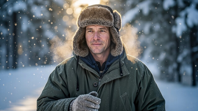 Man in Trapper Hat Walking Snowy Forest, Breathing Cold Air with Golden Sunlight for Winter Travel Blogs, Outdoor Lifestyle Websites, Cold Weather Adventure, and Nature Exploration