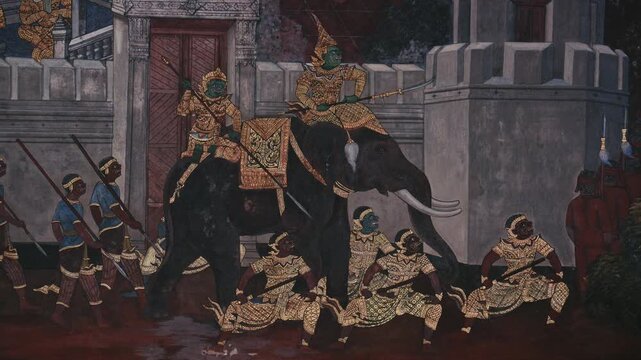 Ancient Siamese painting depicting a scene from Ramakien, Thai national epic, with warriors and an elephant on a temple wall