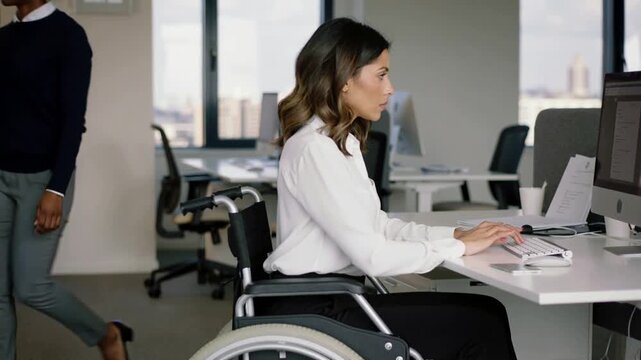 A businesswoman in a wheelchair works with focus at her office desk. Soft ambient light and subtle office movement highlight inclusion and authentic workplace productivity.
