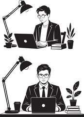 A focused young professional working on a laptop at a desk with a lamp