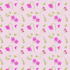 pattern con fiorellini rosa e foglie verdi su sfondo rosa chiaro