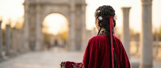 Elegant woman in traditional red robe with intricate braided hair adorned with silver ornaments, seen from behind, standing in a blurred ancient stone archway at golden hour
