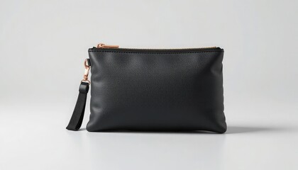 Black leather clutch bag with rose gold zipper and strap