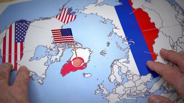 Diplomatic crisis between the United States and Denmark over the territorial sovereignty of Greenland, with a man planting an American flag on the arctic island in a geopolitical dispute