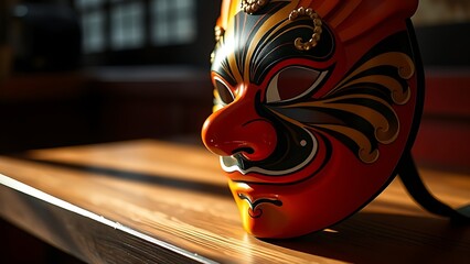 kumadori. A colorful Kabuki mask with intricate painted lines on a wooden table. event programs, museum guides, designed for cultural heritage projects and event programs, supports education.
