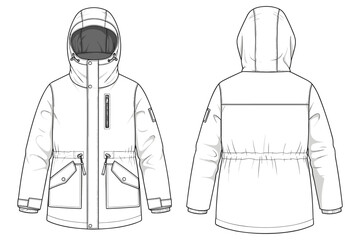 Front and Back View of a White Hooded Winter Parka with Zipper and Pockets illustration © Rasel