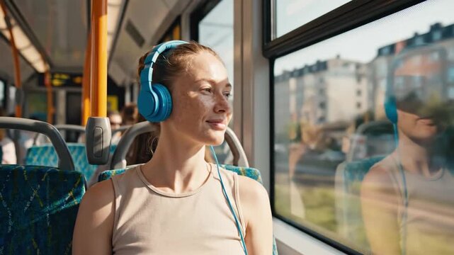 Commuting with Comfort: A young woman, absorbed in her music through stylish headphones, gazes out the window of a tram, finding tranquility amidst urban transit.