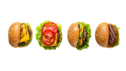 Four different hamburger types side by side isolated on transparent background.