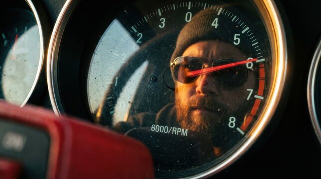Dusty car tachometer gauge showing high RPM with the reflection of a bearded driver in sunglasses during a golden hour sunset, creating a cinematic and intense mood