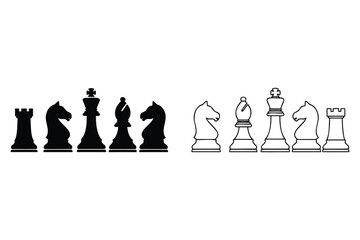Black and white chess pieces on white background for strategy games and competitions © jubayer71
