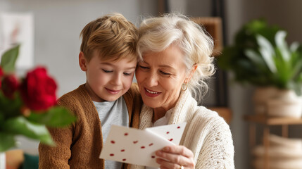Faceless mother and son reading greeting card together family bonding moment parent child connection heartfelt message sharing domestic intimacy generational love with copy