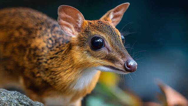 A cute lesser mouse deer. A cute fluffy red squirrel with thick brown fur sits on a tree in the wild forest park eating a nut as a closeup of this small wildlife rodent mammal