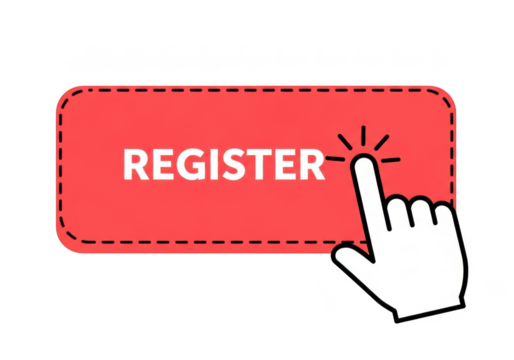 Hand clicking red register button isolated on transparent background - Powered by Adobe