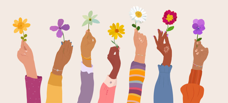 Diverse women raise flowers symbols empowerment unity diversity International Women s Day only women