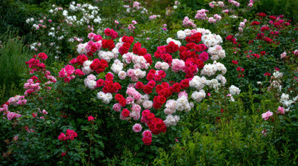 Naklejka premium Red and white roses arranged in heart shape garden bed surrounded by green foliage 
