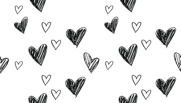 Hand drawn heart doodle seamless pattern with black and white sketch love symbols for romantic background design