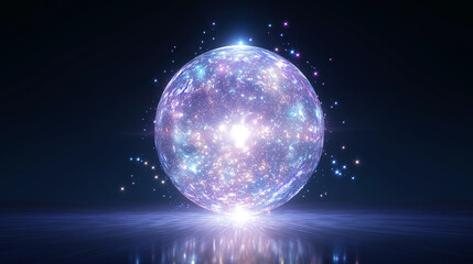 Luminous holographic data sphere in purple and blue tones representing futuristic technology and global connectivity with copy space