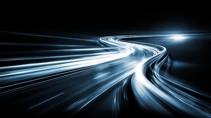 Abstract Motion Blur of Light Trails on a Curving Road at Night, Creating a Futuristic and Dynamic Energy Feel in Deep Black Background