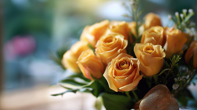 Many orange roses arranged in decorative vase selective focus technique floral arrangement romantic flowers botanical display gift bouquet valentine decoration natural - Powered by Adobe