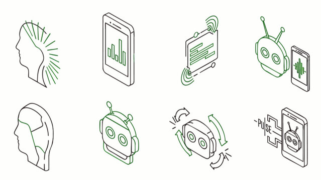 Isometric line icons set depicting artificial intelligence, data analysis, mobile technology, virtual reality, and human-computer interaction concepts on white background.