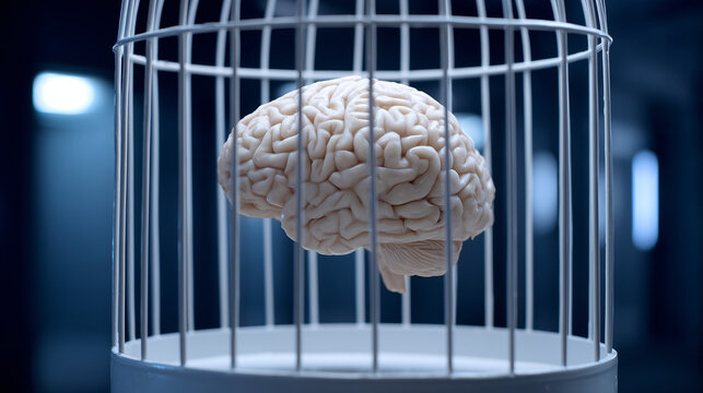 human brain in cage concept of trapped mind and mental health. caged brain metaphor for stress psychology control and neuroscience. creative concept brain locked in cage mental limitation and freedom