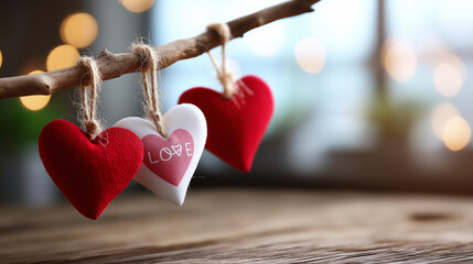 Hearts with different love declarations hanging on wooden branch valentine's day display romantic messages affection expressions relationship symbolism decorative