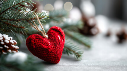 Christmas heart decoration red knitted symbol of love in snow on fir branches winter romance background seasonal card concept new year celebration valentine's day theme