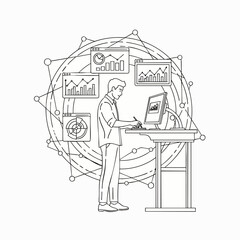 Fototapeta premium Man working on computer with data charts and analytics, representing business growth and technology in a modern office setting.