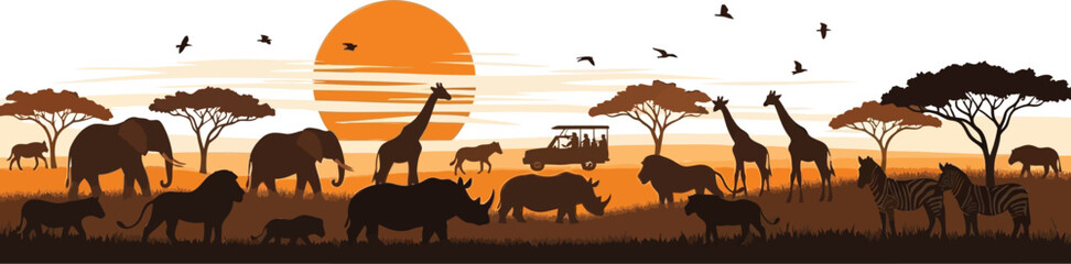 Savanna landscape silhouette vector with acacia trees and wild nature.