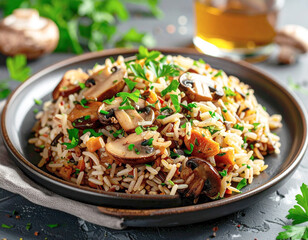 Wild rice and mushroom pilaf, macro shot. AI