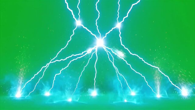 Electric lightning strikes falling on green screen. Powerful blue thunder bolts and electrical discharge for action scenes. High energy chroma key storm animation.