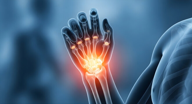 The skeletal hand with a glowing red wrist joint and finger bones on a blurred blue background.