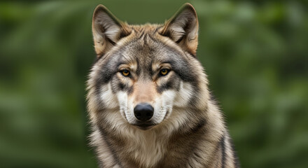 Obraz premium Intense portrait of a gray wolf looking directly at the viewer in a natural habitat