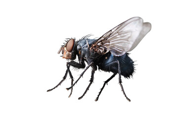 Blue bottle fly (Calliphora vomitoria) isolated on white background. Macro insect side view
