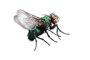 Common green bottle fly (Lucilia sericata) isolated on white background. Shiny metallic insect macro