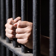 Obraz premium A close-up of hands gripping prison bars, symbolizing confinement and the struggle for freedom in a dark environment.
