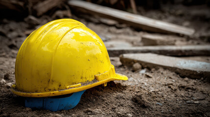 Poverty Inflation and Economic Crisis Construction helmet on dirt ground symbolizes economic crisis with inflation and poverty impact