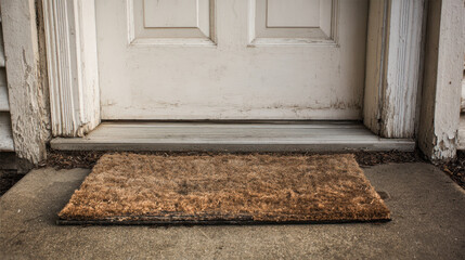 Poverty Inflation and Economic Crisis worn doormat old door weathered wood entrance threshold concrete floor home exterior poverty inflation