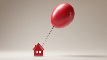 Poverty Inflation and Economic Crisis Red balloon tied to small red house symbolizing economic crisis with inflation and poverty impact