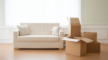 Poverty Inflation and Economic Crisis Moving boxes near beige sofa in bright room reflect economic crisis and inflation impact causing poverty