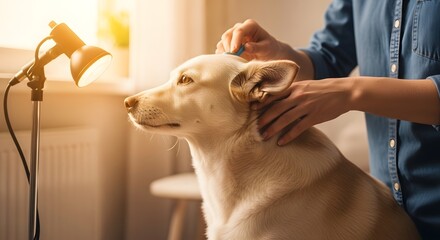 Cream colored dog receiving massage and physical therapy from professional handler in bright room with examination lamp during rehabilitation session