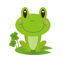 Obraz premium Cute Green Cartoon Frog Sitting on Lily Pad with Clover Illustration