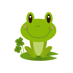 Obraz premium Cute Green Cartoon Frog Sitting on Lily Pad Vector Illustration