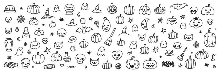 Halloween doodle ghost and bat collection. Cute vector illustration with pumpkin, spider, witch hat. Hand drawn spooky sketches for childrens party designs and coloring pages.