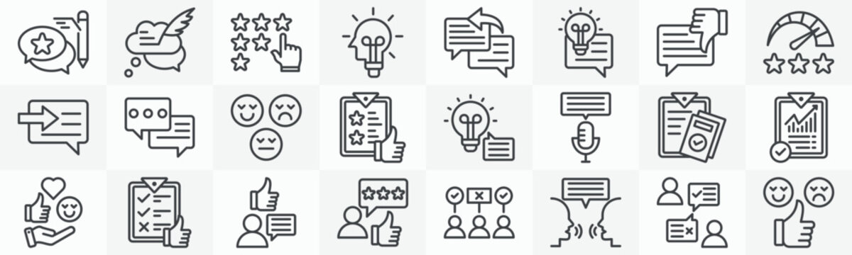 Feedback icon collection set. Containing review, comment, rating, opinion, response, suggest, critique, score icon. Simple outline vector
