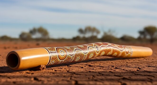 Traditional Aboriginal Didgeridoo on Red Soil.