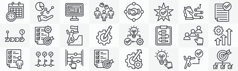 Action plan icon collection set. Containing schedule, analysis, monitor, team, collaboration, check, strategy, assessment icon. Simple outline vector © Critical