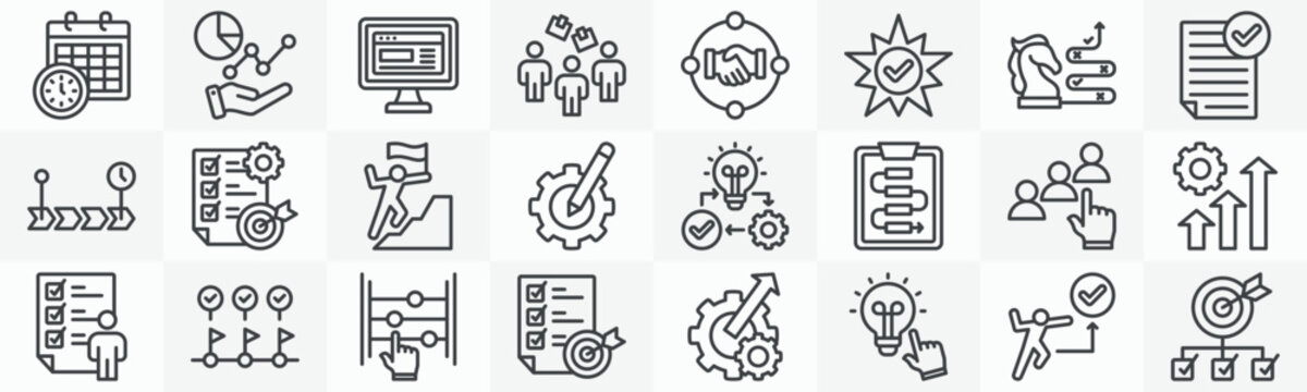 Action plan icon collection set. Containing schedule, analysis, monitor, team, collaboration, check, strategy, assessment icon. Simple outline vector